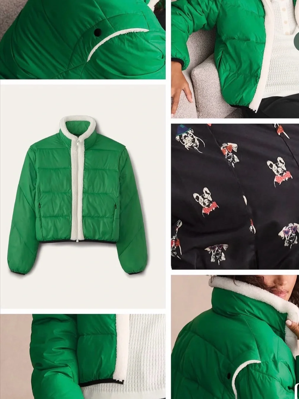 CAbi Vibrant Green Puffer Jacket with White Sherpa Trim